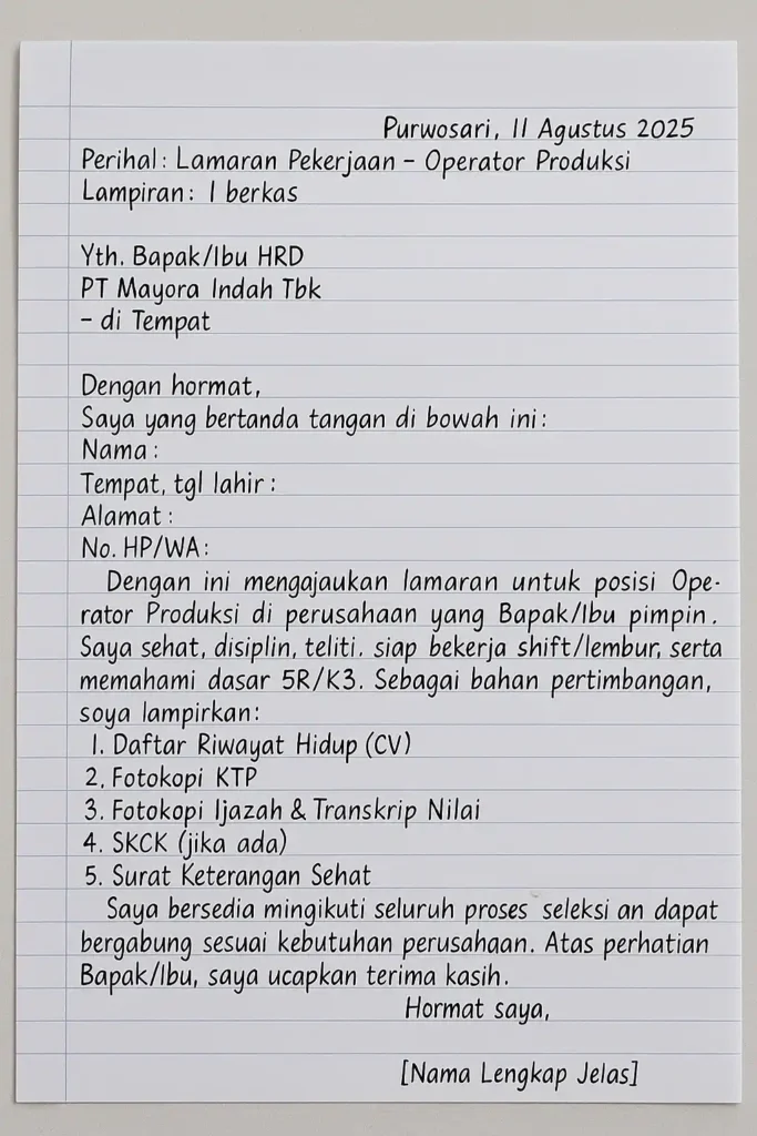 contoh surat lamaran kerja tulis tangan operator produksi