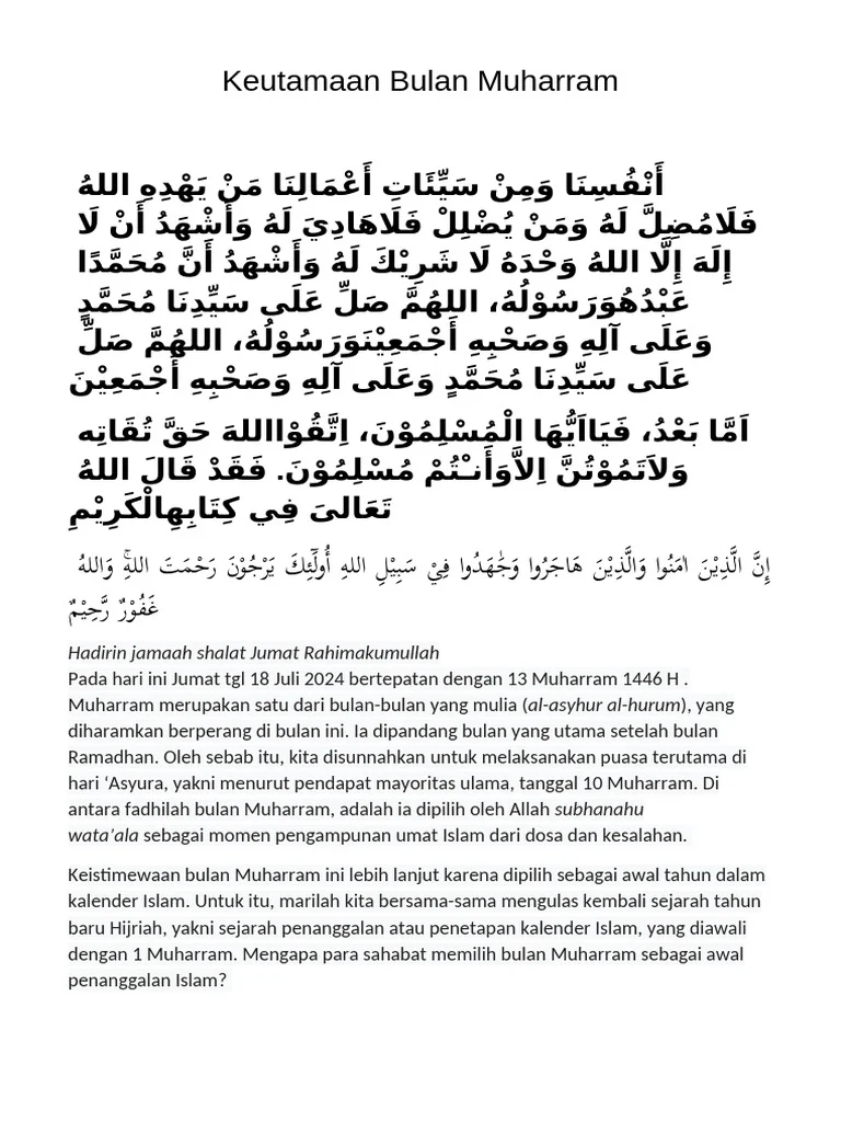 Khutbah Jumat Bulan Muharram: Mengingatkan Kembali Sejarah dan Keutamaan
