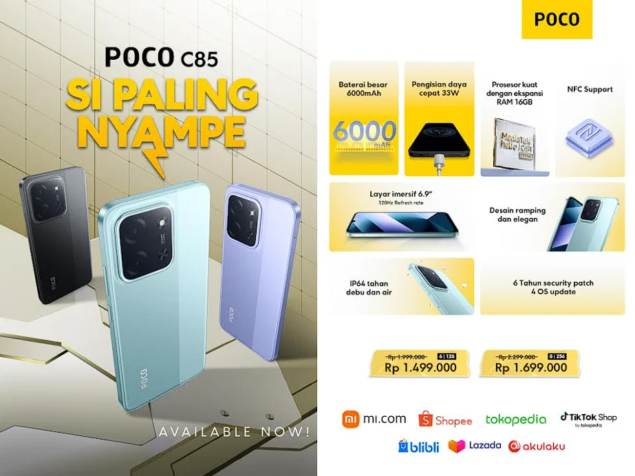 POCO C85 Hadir dengan Layar 120Hz, Baterai 6000mAh, dan Harga Terjangkau di Indonesia